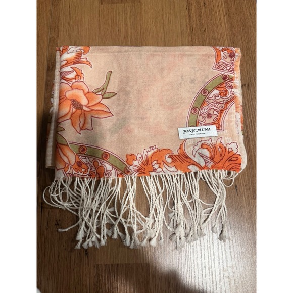 pashmina Accessories - Vintage Pashmina Floral Medallion Scarf Orange Peach Sage Green Fringe Shawl